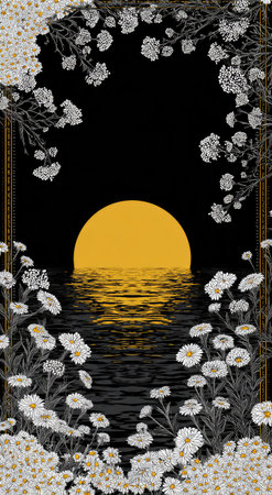 An abstract illustration presents a large yellow sun setting over water, reflecting the light. A detailed floral border of white flowers and green stems frames the scene against a dark background. The composition uses flat colors and simple shapes, suitable for various editorial and commercial projects.の素材
