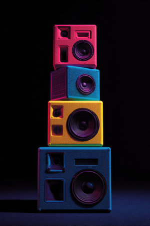 A vertical composition shows four vibrant, stacked speakers against a deep black background. The speakers vary in color including pink, blue, yellow, and their design emphasizes geometric shapes. Strong lighting highlights the textures and forms, suggesting a studio setting or a display. This image could be used in promotional materials for audio and sound.の素材