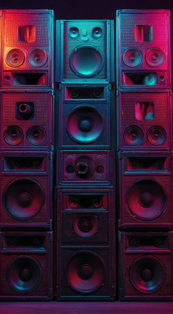 A vertical arrangement of speakers is displayed, bathed in vibrant neon hues. The image showcases a collection of audio equipment, featuring a symmetrical composition. The lighting creates a dynamic visual effect. Suitable for advertising and editorial purposes related to music, technology, and audio.の素材