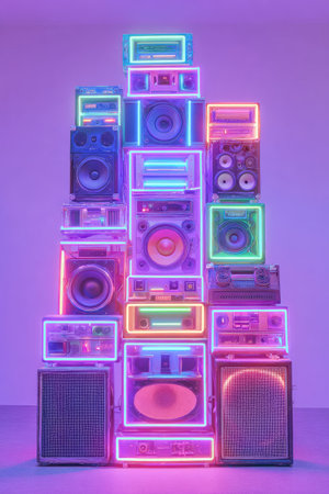 A collection of vintage-inspired audio equipment is stacked, featuring speakers and components illuminated by neon lights. The composition exhibits a modern design aesthetic with a focus on vibrant colors. The arrangement suggests an indoor setting, possibly for artistic or commercial purposes. The image could be used for promoting music, technology, or entertainment.の素材