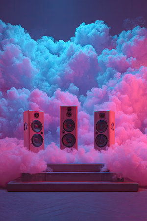 Three vertical speakers stand on a stage before a wall of vibrant, colorful clouds. The scene is illuminated by red and blue hues. The composition features a symmetrical arrangement, offering a modern aesthetic, and could be utilized for various commercial and promotional purposes.の素材