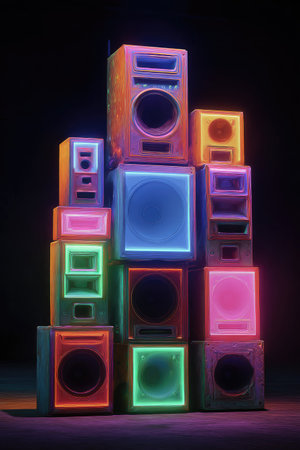 This image features a collection of speakers arranged in a stacked composition, enhanced by vibrant neon illumination. The speakers exhibit a range of colors, including blue, pink, green, and orange, set against a dark backdrop. The composition is likely suitable for promotional materials, advertising, or artistic projects.の素材