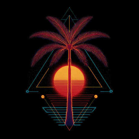 This graphic features a stylized palm tree silhouette set against a vibrant sunset and geometric shapes. The composition uses bright colors and a retro design with a dark background. This could be used for various design projects, including digital art or illustrations.の素材
