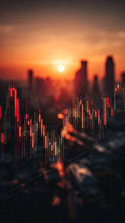 This image presents financial data overlaid on a blurred cityscape at sunset. It features lines in varying colors against an orange sky. The composition creates a sense of depth with silhouettes, suggestive of business. Suitable for illustrating economic trends, investment strategies or financial reports.の素材