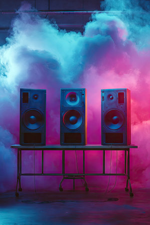 Three vertical loudspeakers stand on a table against a backdrop of swirling colored smoke. The scene is illuminated by vibrant blues and pinks, enhancing the composition. The style is modern, with a focus on lighting and form. It could be used for various projects including music-related editorials.の素材