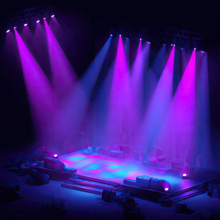 A stage is brightly lit by purple and blue spotlights, casting colorful beams against a dark backdrop. The composition highlights the stage's architectural lines, creating a sense of depth. The lighting generates a dramatic atmosphere. This image is potentially useful for creative projects and promotional materials.の素材