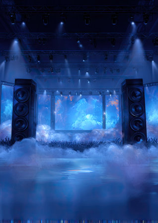 The image showcases a stage with large speakers on either side of a central screen displaying abstract blue imagery. The scene is bathed in blue lighting, with fog or mist adding to the atmospheric effect. The composition suggests a performance or presentation environment with potential use in advertising or promotional material.の素材