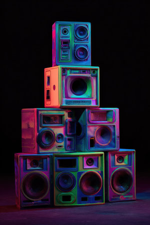 A striking composition features a tower of illuminated speakers in various vibrant colors. The design displays a modern aesthetic with contrasting light and shadow. Potential uses for this image include illustrating audio technology, entertainment, or serving as a decorative element in advertising material.の素材