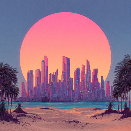 This digital artwork depicts a stylized cityscape under a vibrant sunset. The composition showcases the city skyline, palm trees, and a gradient sky. The visual style features bold colors, soft textures, and a dreamlike quality. Ideal for various commercial uses such as background designs and promotional materials.の素材