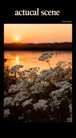 The image captures a tranquil sunset over a body of water, featuring white wildflowers in the foreground. The warm light creates a beautiful contrast, with rich oranges and yellows dominating the sky and reflected on the water's surface. This picturesque scene suggests a peaceful, natural environment, suitable for various editorial and decorative uses.の素材