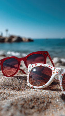 Two pairs of sunglasses rest on a sandy surface with the ocean and sky visible in the background. One pair features a red frame, and the other has a white frame with floral patterns. The image uses natural light, suggesting an outdoor setting, potentially useful for lifestyle or fashion applications.の素材