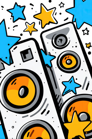 This colorful illustration presents two speakers with circular designs and a variety of stars. The artwork utilizes bright yellow, blue, and white hues. The composition suggests a festive or celebratory theme, possibly related to music. This image may be suitable for advertising, social media content, or editorial applications.の素材