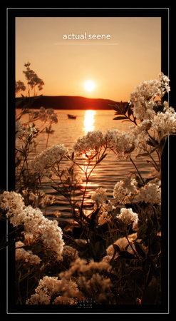 A tranquil waterscape captures the sunset with plants in the foreground. Warm colors of orange and gold illuminate the scene, reflecting on the water's surface. A boat silhouette adds an element of interest. This image is suitable for various commercial uses, including website backgrounds and print media.の素材