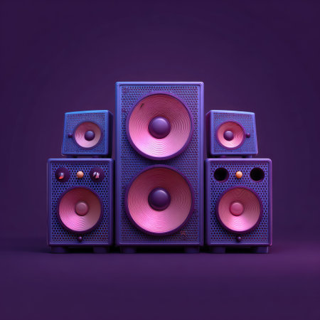 Five speakers are artfully arranged in a vertical composition against a vibrant purple backdrop. The speakers, varying in size, feature a dark exterior with contrasting pink speaker cones. The lighting suggests an artificial setting, creating a visually striking display. Suitable for use in design projects or for editorial purposes related to music and audio.の素材