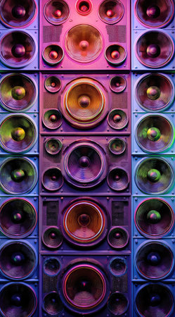 This image showcases a vertical stack of speakers, prominently featuring their various circular components. The composition presents a vibrant array of colors, from blues and purples to oranges and yellows, with bright highlights. It is a visually stimulating image with potential application in advertising music or events.の素材