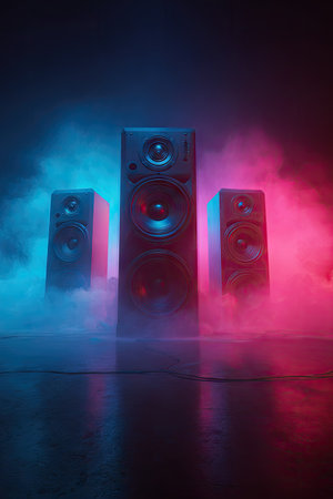 Three vertical audio speakers are positioned against a dark backdrop filled with vibrant, colored light and fog. The composition displays strong contrasts between the objects and their surroundings, featuring textures, and dynamic lighting effects. This visual could be used in promotional materials for sound equipment or music-related projects.の素材