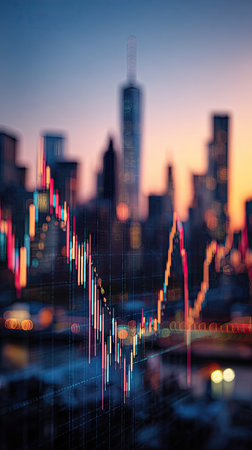 An overlay of a financial chart is superimposed onto a blurred skyline at dusk. The image displays a data analysis graph with lines and indicators. The composition uses warm tones and depth of field. It may be suitable for illustrating business, finance, or market-related content.の素材