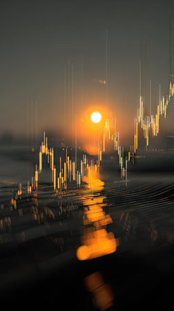 An image showcases a stock market graph superimposed over a tranquil sunset backdrop. The composition features warm orange and yellow hues, reflecting on a water surface. The visual evokes a sense of calm amidst financial concepts. It is suitable for commercial and editorial applications, focusing on business and investment themes.の素材