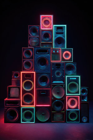 An illustration features a collection of speakers arranged in a pyramid. Each speaker is encased in a neon-colored frame, creating a vibrant display against a dark background. The scene showcases a range of shapes and sizes, employing a digital art style. This image is suitable for use in promotional materials and creative projects.の素材