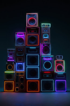 A collection of speakers is arranged in a vertical composition against a dark backdrop. The visual characteristics include vibrant neon lights, highlighting each speaker. The lighting creates a dynamic visual element. This image may be suitable for creative design projects, music-related themes, or visual effects.の素材