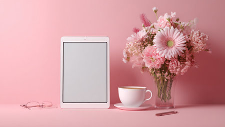 A digital tablet with a blank display stands near a vase of pink flowers and a coffee cup. The scene is bathed in a soft pink hue, suggesting a clean, modern aesthetic. This composition features clean lines and is suitable for various commercial uses, including advertisements and website design.の素材