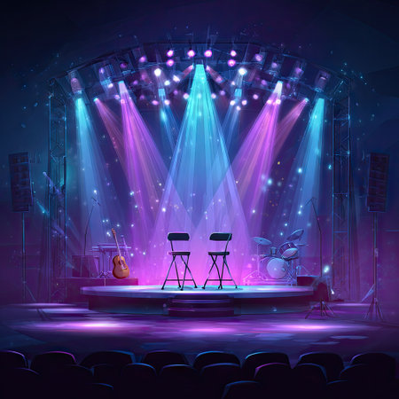 A digital illustration shows a stage set with two chairs illuminated by spotlights. The scene features musical instruments and a drum set. Vibrant blues and purples dominate the color palette, and the overall composition suggests a performance or event setting, suitable for various promotional or editorial applications.の素材