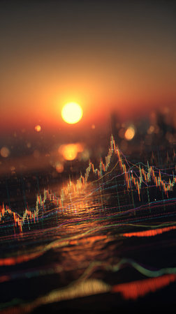 An image presents a stock market graph illuminated by the warm light of a sunset. The composition includes vibrant colors, showcasing a dynamic interplay of light and shadows. The graphic possibly symbolizes economic trends and data visualization, suitable for business and finance-related publications and presentations.の素材
