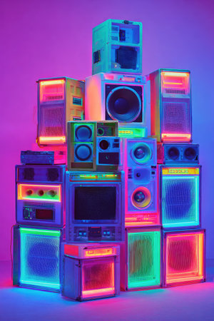 A collection of vintage audio equipment, arranged in a tower formation, is illuminated with vibrant neon lights. The composition highlights a variety of speaker designs and electronic components. The overall aesthetic is retro-futuristic, bathed in strong colors, set against a gradient backdrop, suitable for design and creative purposes.の素材