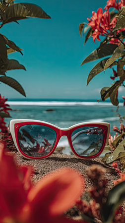 A pair of sunglasses with a red frame rests on a sandy surface, with the ocean visible through the lenses. Lush greenery and bright red flowers frame the composition against a clear blue sky. This image's vibrant colors and natural setting lend themselves well to commercial and editorial applications.の素材