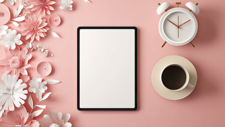 A digital tablet with a blank screen rests on a soft pink surface. Delicate paper flowers and a classic alarm clock flank the tablet. A coffee cup sits nearby, all set against a flat lay backdrop. Ideal for various commercial and editorial applications.の素材