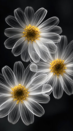 This image presents three daisy flowers, their petals appearing ethereal with a soft, glowing effect. The flowers have yellow centers and are set against a dark backdrop. The composition highlights the delicate forms with a focus on light and shadow. Suitable for various design applications including decorative uses.の素材