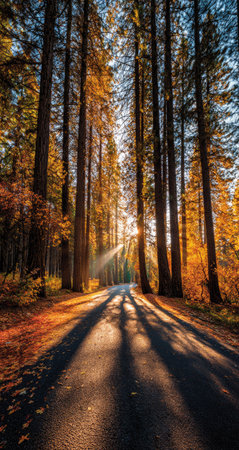 A road stretches through a dense forest, illuminated by strong sunlight streaming through the trees. The composition emphasizes vertical lines, with tall trees framing the path. Warm colors dominate the scene, suggesting autumn. This image is suitable for various commercial uses, including travel and environmental themes.の素材