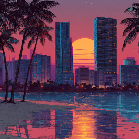 An illustrated cityscape is depicted with tall buildings silhouetted against a vibrant sunset sky. Palm trees are in the foreground. The warm colors of the setting sun are reflected on the water's surface, creating a symmetrical composition suitable for various creative or promotional applications.の素材