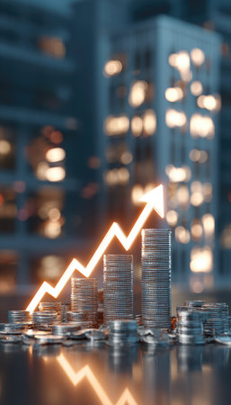 Image shows stacks of coins with a glowing upward arrow, representing financial progress. The composition features various coin arrangements with warm lighting creating a sense of prosperity. The background suggests an urban setting. Suitable for illustrating themes of investment, profit, and economic concepts.の素材