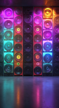 A wall of speakers is illuminated with vibrant, multicolored lights in an indoor setting. The composition shows a full view of the speakers, creating a pattern. The scene uses a lot of vivid colors with reflections on the floor, suggesting a sound or music concept that may be used for various commercial or artistic purposes.の素材