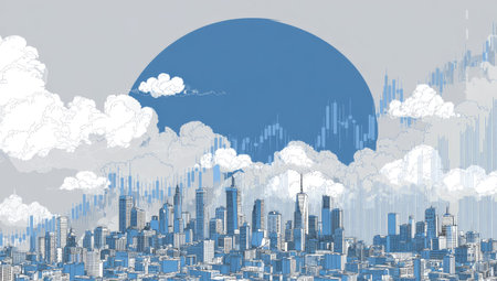 An abstract illustration presents a cityscape with a stylized skyline beneath a large blue sphere. White, fluffy clouds float across the sky, contrasting with the cool color palette. The composition evokes a sense of scale and visual interest, suitable for design and conceptual projects with potential commercial applications.の素材