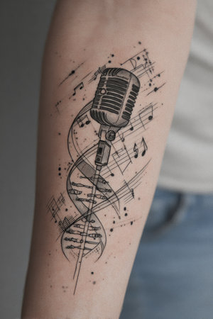 An arm showcases a black and white tattoo featuring a vintage microphone intertwined with musical notes and a DNA spiral. The artwork appears to be a pen sketch style with intricate details. The lighting suggests an indoor setting, and the image could serve various editorial or artistic purposes.の素材