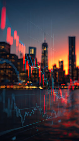 An image presents financial data overlaid on a city at dusk. Charts and graphs in red and white are superimposed onto the blurred backdrop of tall buildings. The composition captures the mood of the golden hour, with warm and cool colors. The image is suitable for depicting concepts related to finance and business.の素材