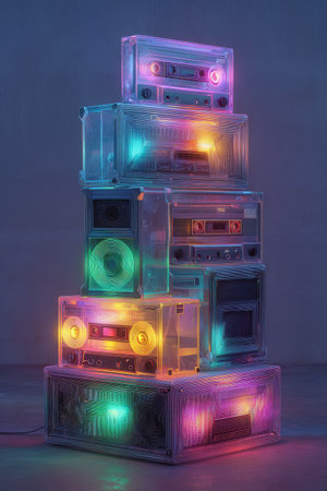 A visually striking composition features a tower of transparent cassette recorders illuminated by vibrant neon lights. The image showcases a futuristic aesthetic with a variety of colors and a sleek, modern composition. This could be useful for projects related to technology, music, or retro themes.の素材