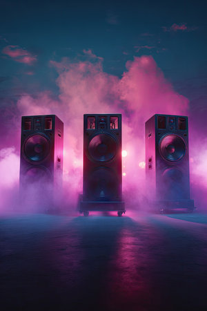 The image features three large, vertical speakers set against a backdrop of fog and vibrant, diffused lighting. The dominant colors are deep blue and rich pink, creating a moody ambiance. The composition suggests a concert or performance setting, suitable for various promotional and creative applications.の素材