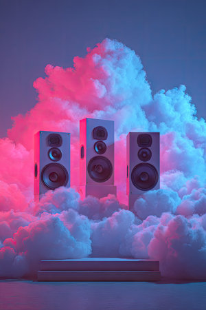 Three upright loudspeakers are positioned amidst fluffy, vaporous clouds illuminated by pink and blue lighting. The composition features a pedestal beneath the speakers. The scene showcases a surreal, dreamlike aesthetic. Suitable for a range of creative and commercial applications including advertising and editorial projects.の素材