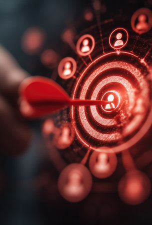 A close-up captures a hand aiming a red dart at the bullseye of a target, overlaid with glowing circles and person icons. The image showcases a red and black color scheme with soft lighting, suggesting a digital or futuristic environment. It could be useful for marketing, business strategy, or goal-oriented content.の素材