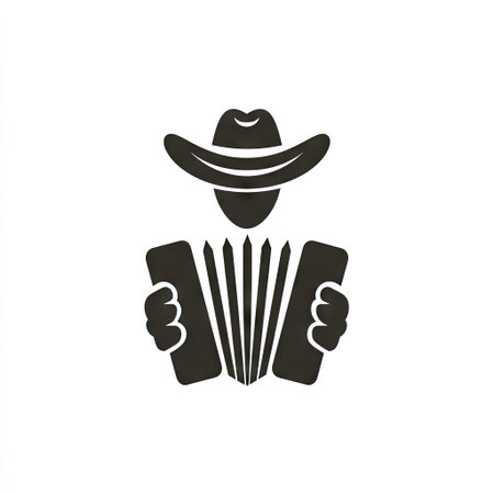 A monochrome vector illustration showcases a cowboy figure playing an accordion. The design features a minimalist style with clean lines and a simple color palette. The composition has a flat design, suitable for various applications. It might be suitable for musical projects or artistic designs, or commercial needs.の素材