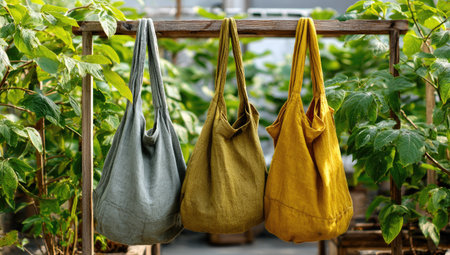 Three fabric bags in varying shades hang from a wooden structure, set against a backdrop of lush green foliage. The bags display a soft texture with gentle folds, and are illuminated by natural light. The composition suggests an outdoor environment, suitable for various editorial and commercial applications.の素材
