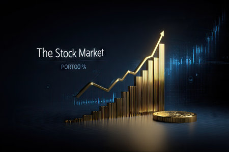 A golden bar graph with an upward arrow indicates financial progress. The image showcases a dark background and stylized charts, suggesting a business or finance-related theme. Its sleek style and visual elements make it suitable for various commercial uses, including presentations or marketing materials.の素材