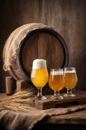 Three glasses of beer are presented on a wooden table, featuring a foamy, amber liquid. Behind the glasses sits a weathered wooden barrel partially covered by cloth. The composition is lit with warm, soft lighting, highlighting the textures of the wood and the cool beer, suitable for commercial or editorial applications.の素材