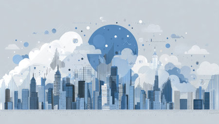 An illustrated cityscape is presented using a monochromatic blue and white color scheme. The composition features stylized buildings, clouds, and a large circular element suggesting a moon or sun. The image uses a flat, graphic style with clean lines, ideal for various commercial and editorial applications.の素材