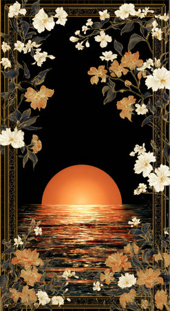 This illustrative artwork depicts a sunset over water, framed by floral elements. The composition features warm orange and gold hues contrasted against a dark background. The scene suggests a tranquil environment with reflections. This design could be suitable for various applications, including print and digital media.の素材