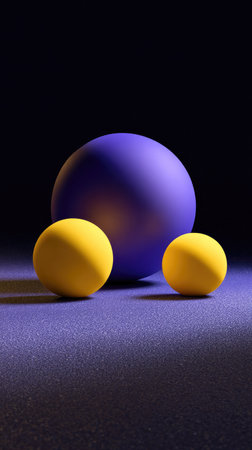 This image presents three spheres arranged against a dark background, featuring a vibrant contrast between yellow and purple colors. The smooth texture and even lighting create a sense of depth. Suitable for various applications, it could be used in design projects, advertising materials, or visual concepts that require a bold and modern aesthetic.の素材