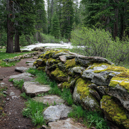 A stone pathway guides the eye along a moss-covered wall. The scene is illuminated by natural light, showing vibrant green moss on the stones. A stream and dense evergreen trees fill the background creating a lush outdoor setting. This image could be useful for illustrating nature, landscapes, or environmental themes.の素材